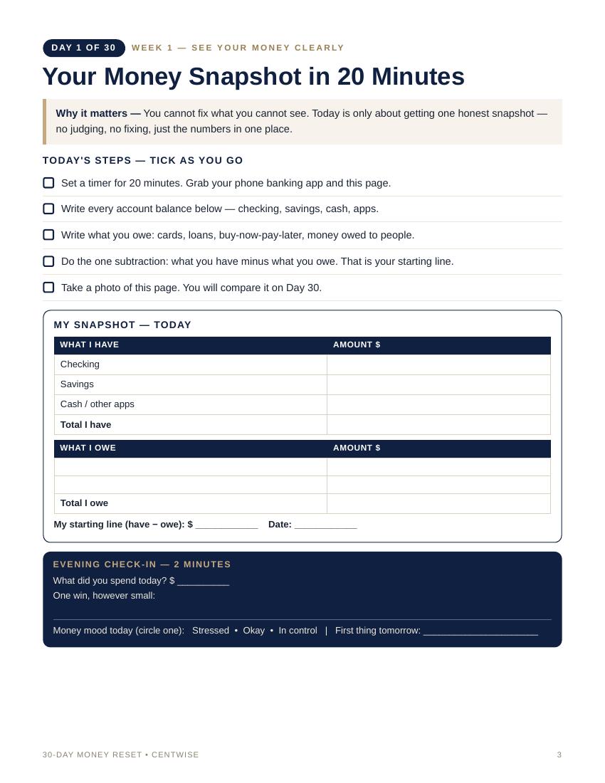Real page from the 30-Day Money Reset Workbook PDF - free preview