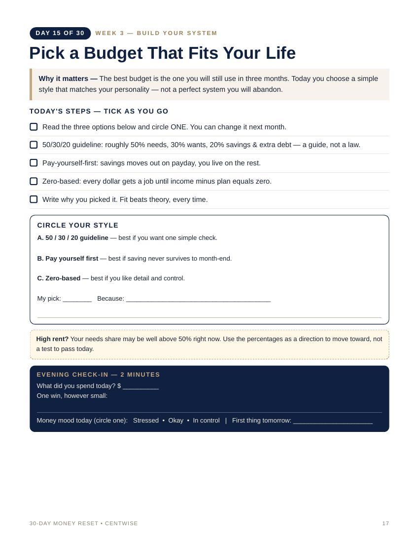 Real page from the 30-Day Money Reset Workbook PDF - free preview