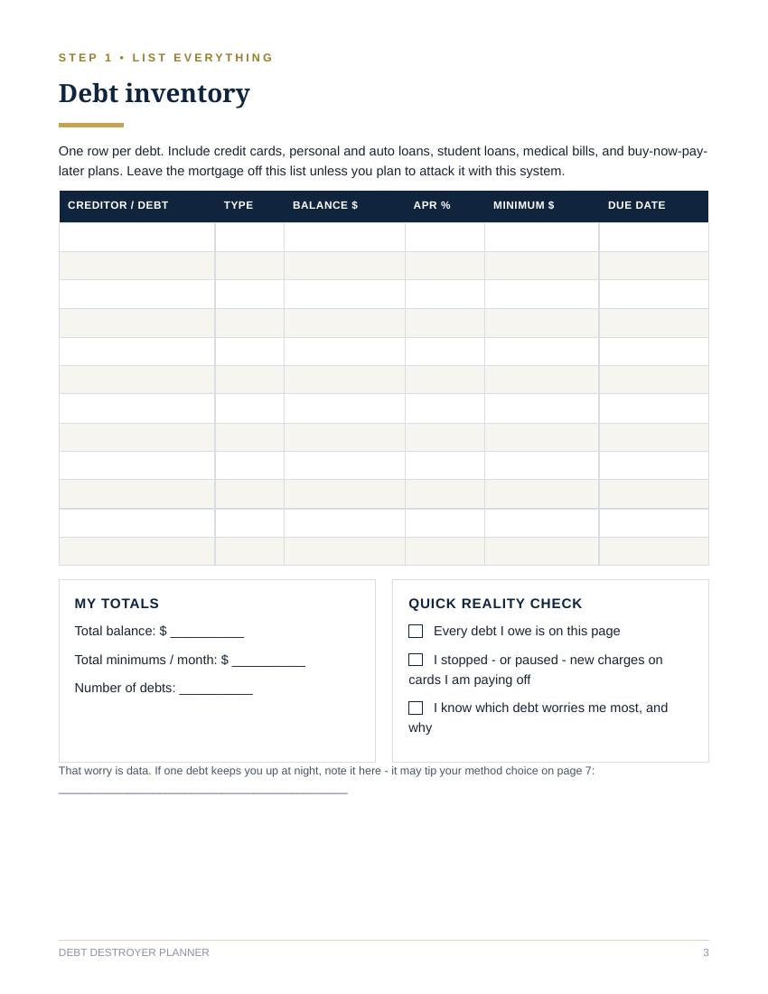 Real page from the Debt Destroyer Planner PDF - free preview