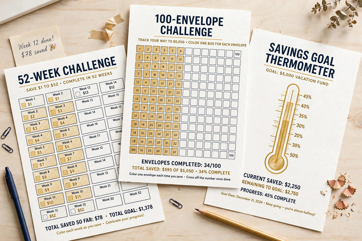 Savings Challenge Bundle — 15 Printable Savings Trackers (52-Week, 100 Envelope & More)