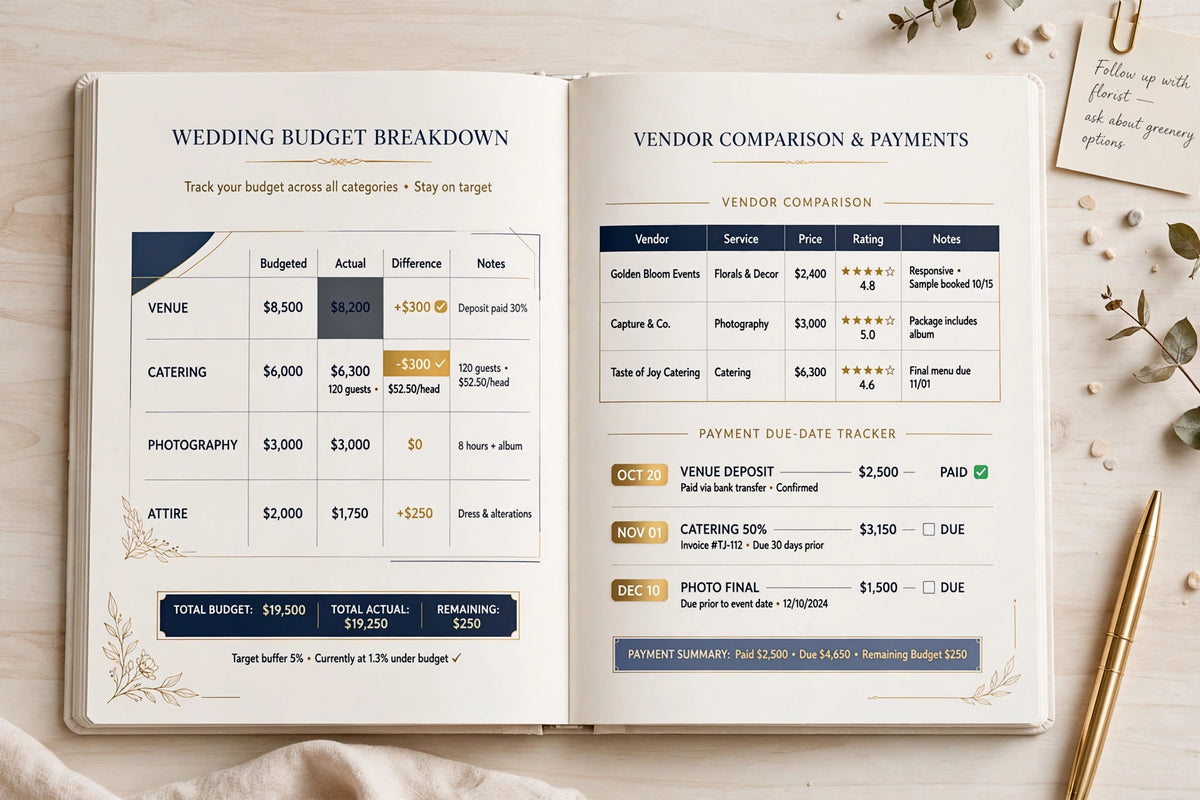 Wedding Budget Planner — 30-Page Printable Wedding Budget & Vendor Planner
