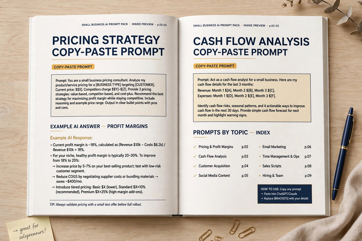 Small Business AI Prompt Pack — 70 Copy-Paste AI Prompts for Pricing, Cash Flow, Hiring & Marketing