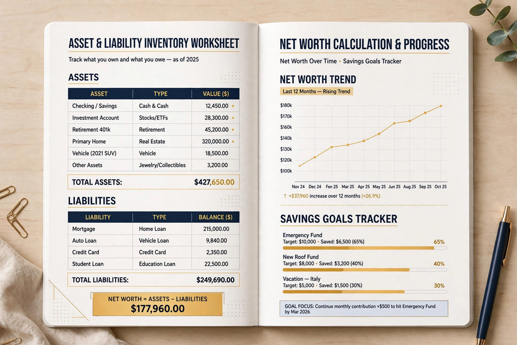 Net Worth & Goals Planner — Printable Net Worth Tracker & Savings Goal Planner