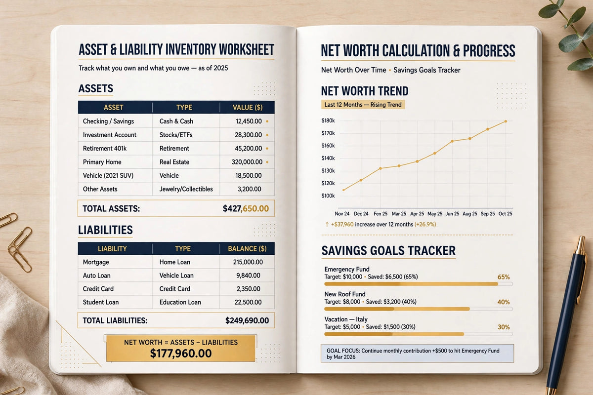 Net Worth & Goals Planner — Printable Net Worth Tracker & Savings Goal Planner