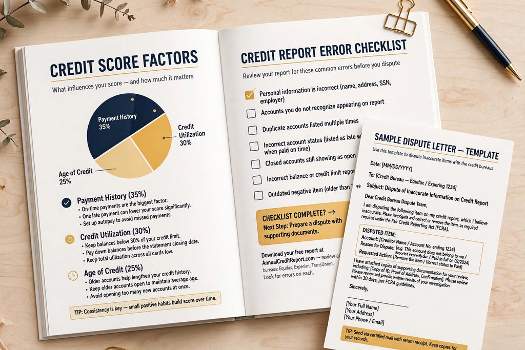 Credit Score Builder Playbook — 25-Page Guide with Dispute Letter Templates & 90-Day Plan