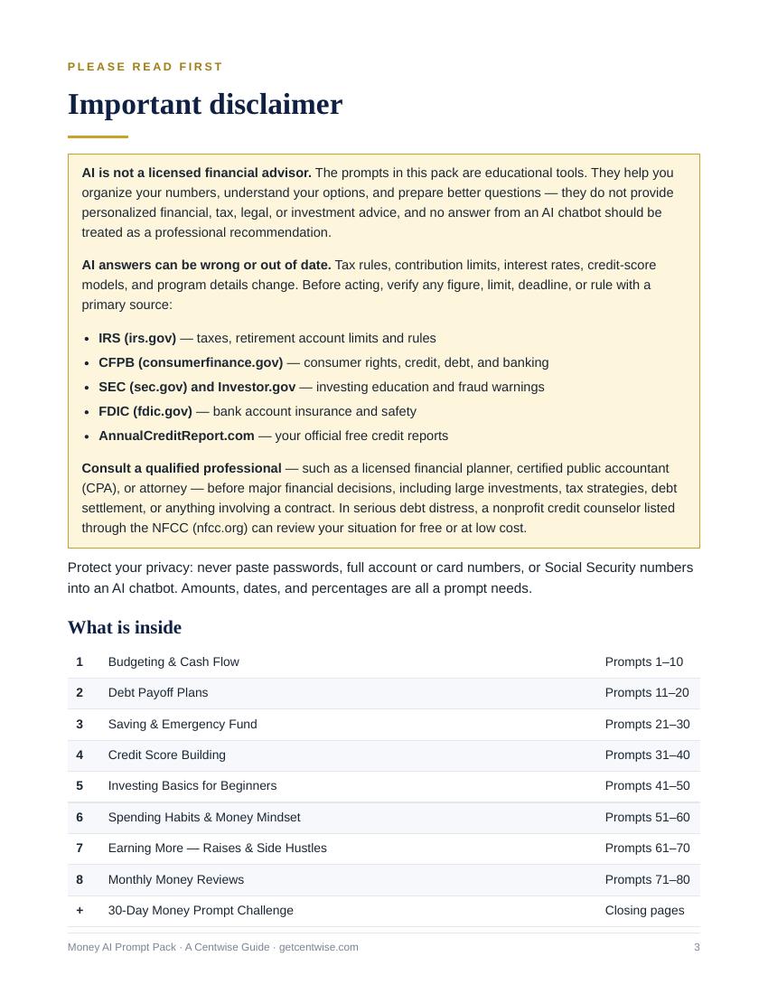 Real page from the Money AI Prompt Pack PDF - free preview