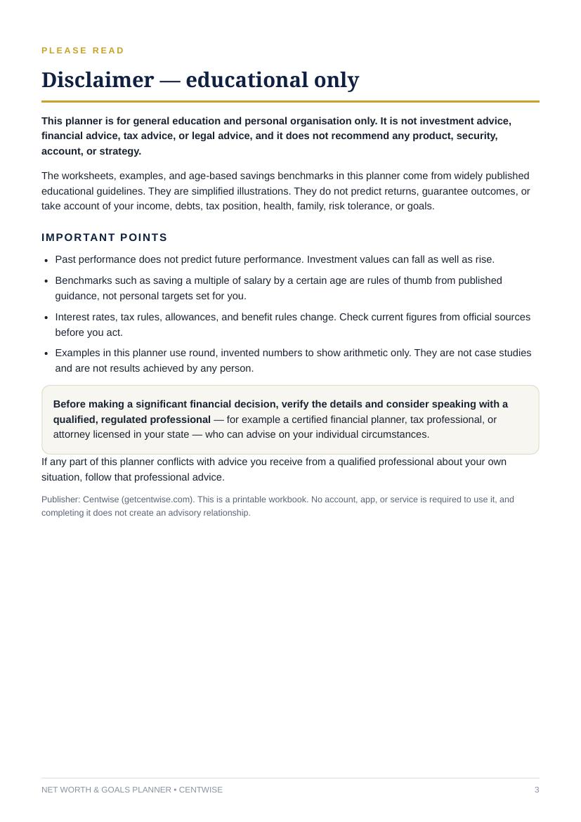 Real page from the Net Worth & Goals Planner PDF - free preview