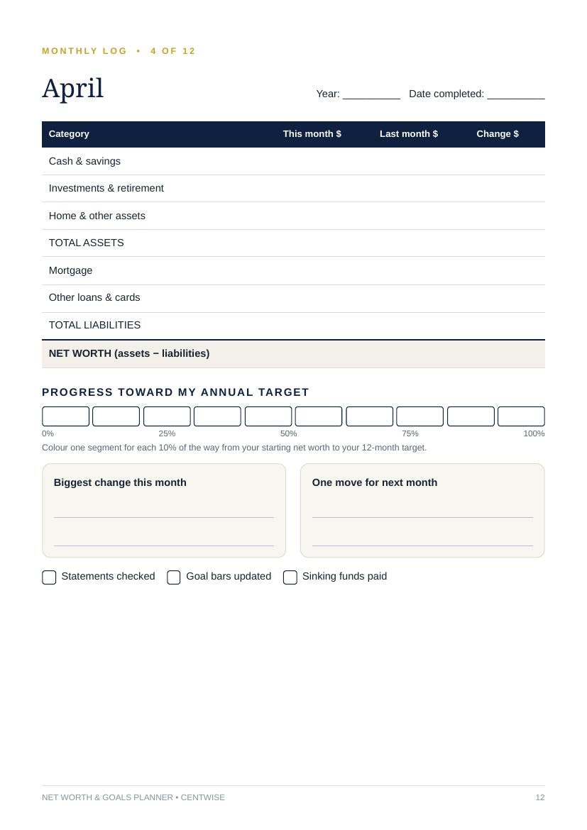 Real page from the Net Worth & Goals Planner PDF - free preview