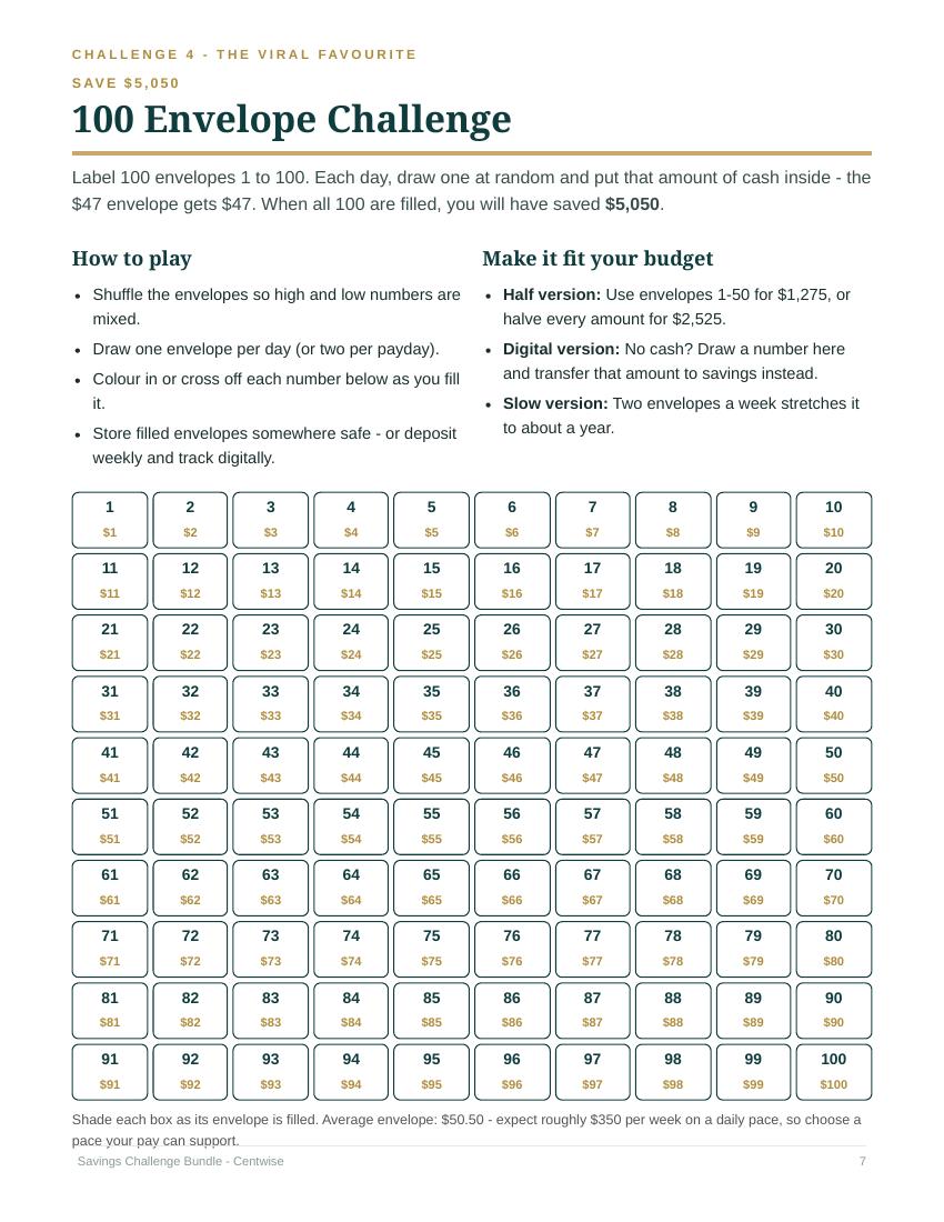 Real page from the Savings Challenge Bundle PDF - free preview