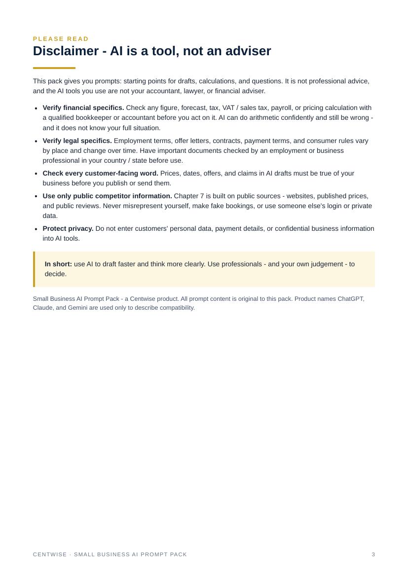 Real page from the Small Business AI Prompt Pack PDF - free preview
