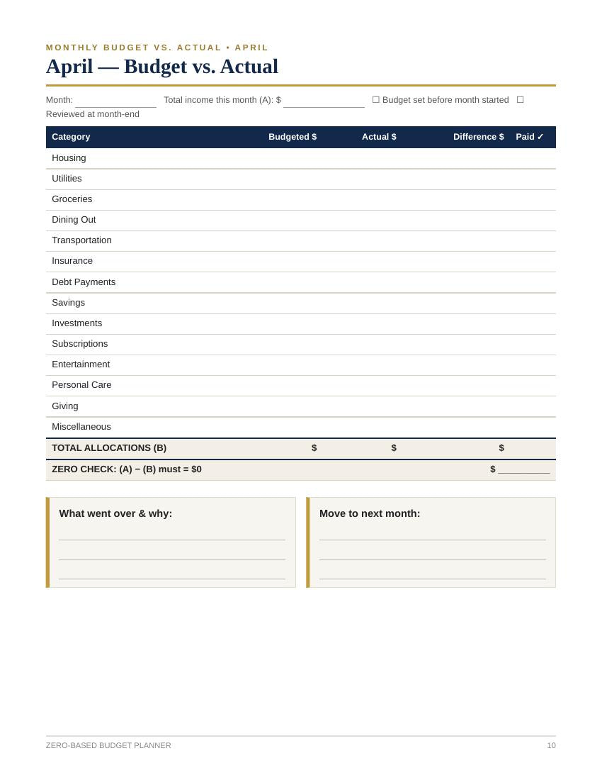 Real page from the Zero-Based Budget Planner PDF - free preview